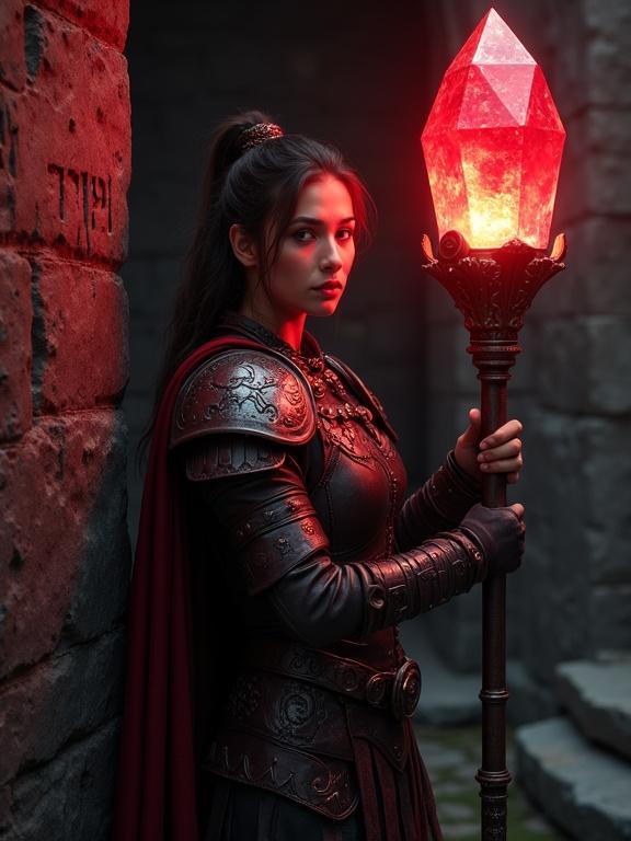 Portrait of a barbarian heroine in an ancient stone temple. Dark leather armor with red metal plates. Holding a staff with a red crystal emitting light. Serious expression, performing a ritual. Strong contrast between black stone and red light. Volumetric lighting, intricate details.