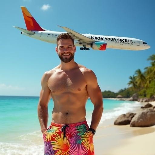 Muscular smiling man stands shirtless on tropical beach. Gentle waves and clear blue sky are visible. He has short brown hair and trimmed beard. Colorful swim trunks are decorated with bright leaves. Sandy beach has rocks and greenery. Airplane is flying low over the beach. Airplane is white with red and orange tail markings. Text on airplane says I KNOW YOUR SECRETS in bold black letters. Mood is playful and surreal with vacation vibes and visual humor.