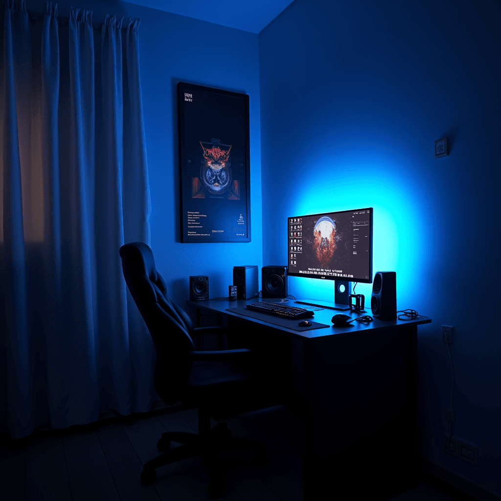 A sleek gaming setup features a glowing blue monitor on a desk, surrounded by gaming peripherals and speakers, complemented by dark curtains and a futuristic poster on the wall.