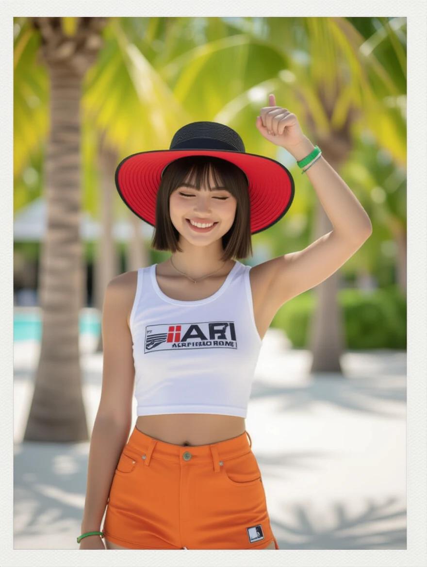 Medium close-up of a young woman with a slim physique standing in a tropical setting. She wears a black wide-brimmed hat with a red underside, a white cropped tank top, and orange shorts. The woman smiles with her right arm raised and thumb up, left arm relaxed. She has short black hair with bangs and accessories including green and black bracelets. The background includes palm trees, creating a cheerful atmosphere. Image has a soft and vibrant aesthetic with a slight grainy texture.