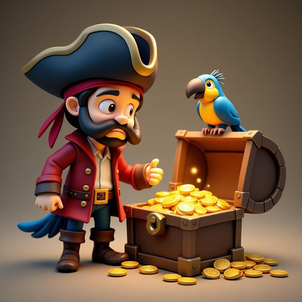 Create a character of a pirate beside an open treasure chest filled with gold coins. The pirate is looking inside the chest. A colorful parrot is also looking at the gold inside the chest.