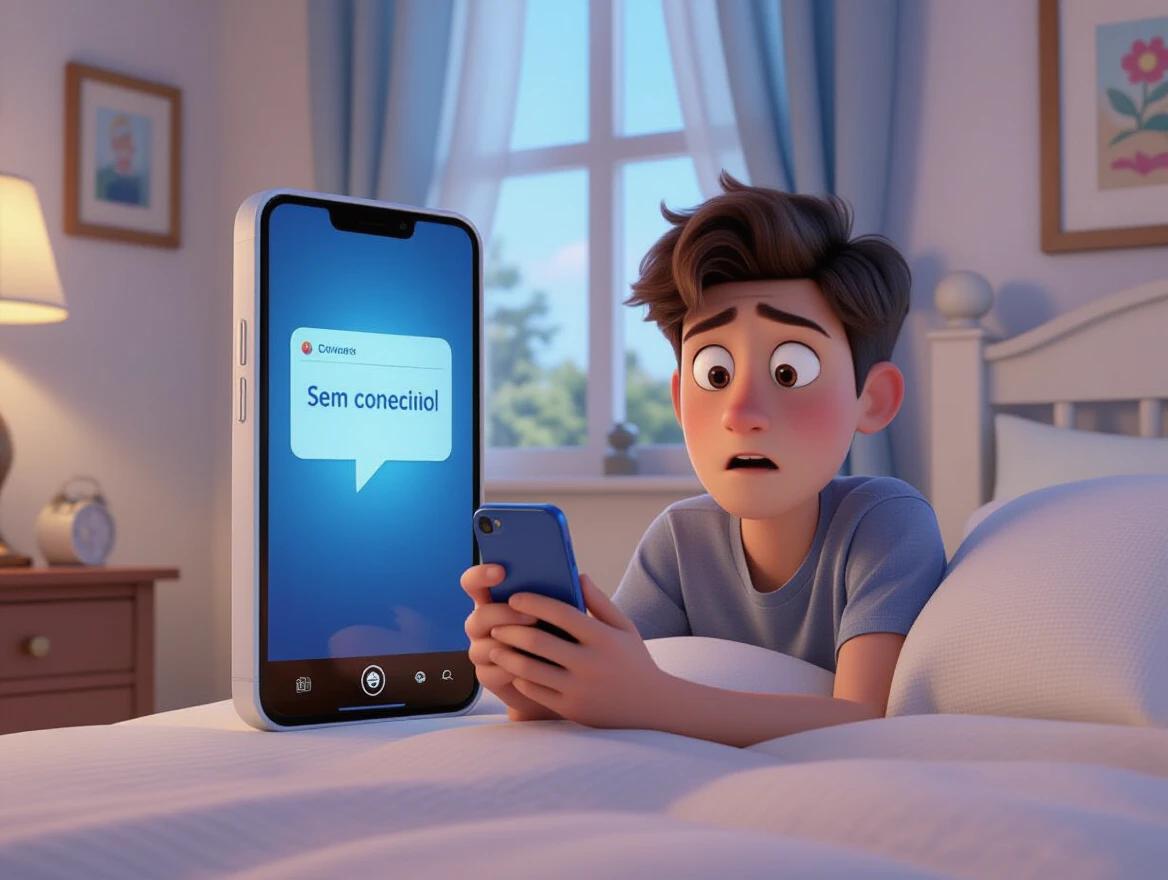 A teenager wakes up sitting on bed holding a smartphone. The smartphone screen shows a message that reads 'No connection'. The expression of surprise and fear is visible on the teenager's face.