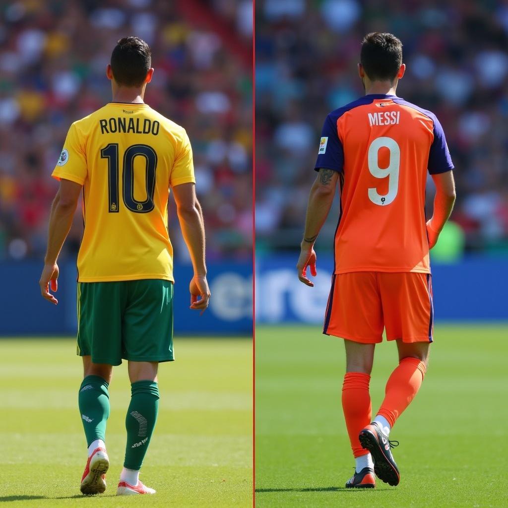 Split screen image featuring Ronaldo and Messi warming up on the field. Both players are dressed in their national jerseys. Ronaldo wears a yellow and green jersey while Messi wears an orange and blue jersey. The background shows a lively crowd.