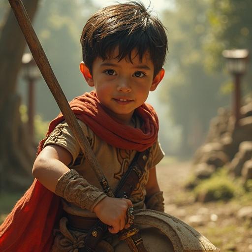 A lively child practices sword fighting in an outdoor setting. The boy has sweat on his forehead showing effort. He grips a wooden sword tightly. Emotions of excitement and fear are evident. Sunlight shines creating a warm ambiance. His surroundings hint at tension and a complex home life.