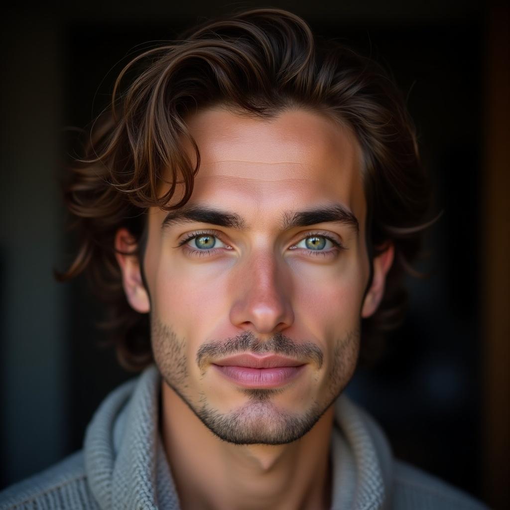 Portrait of a man with a flawless face. He has beautiful brown hair. His eyes are striking and violet in color.