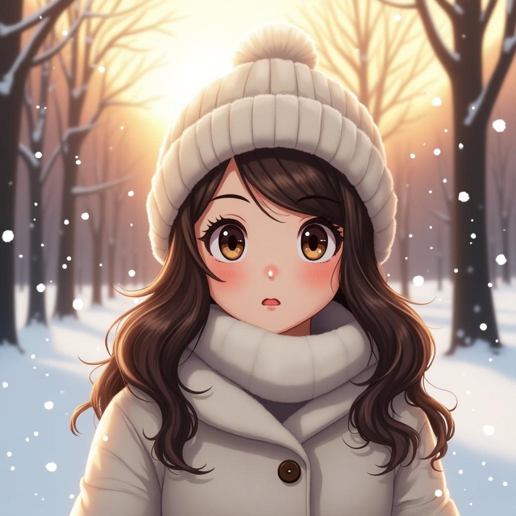 Anime girl with almond-shaped hazel eyes and long lashes. Small button nose and full rosy lips. Long wavy dark brown hair under a cream knit beanie. White coat and scarf. Standing in snowy park with falling snowflakes and a golden winter sunset.