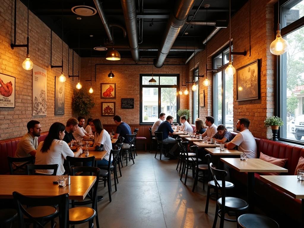 The image depicts a cozy restaurant interior featuring wooden tables and chairs. The warm tones of brick walls are complemented by soft lighting. Diners are engaged in conversation, creating a lively atmosphere. Large windows let in natural light, enhancing the inviting space. Various artworks adorn the walls, contributing to the unique charm of the place.