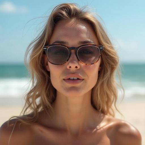 Portrait of a woman on the beach. She has long hair and is wearing stylish sunglasses. The ocean is in the background. A sunny day is evident.