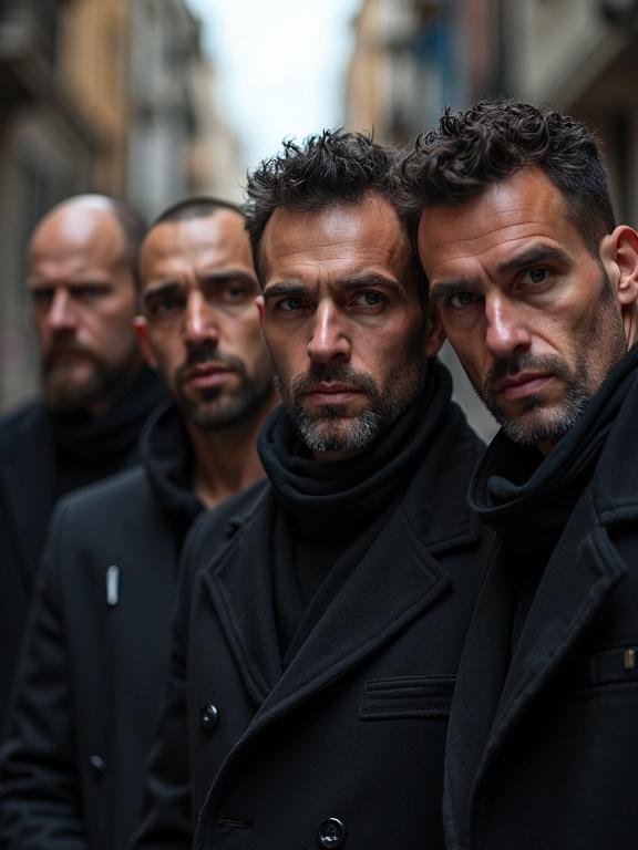 Four gangsters pose on a Turkish street. Men appear serious with menacing expressions. One man is bald; another has thick waves. Their black coats contrast with the urban background.