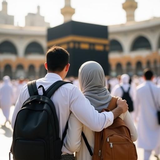 Heartwarming photograph showing a couple in front of the Kaaba at Masjid al-Haram in Mecca. Man has arm around woman. Woman in light grey hijab holds a book. Both dressed modestly with backpacks. Facing sacred Kaaba. Surrounded by pilgrims in ihram clothing. Background features grand mosque arches and buildings. Soft daylight illuminates the scene.