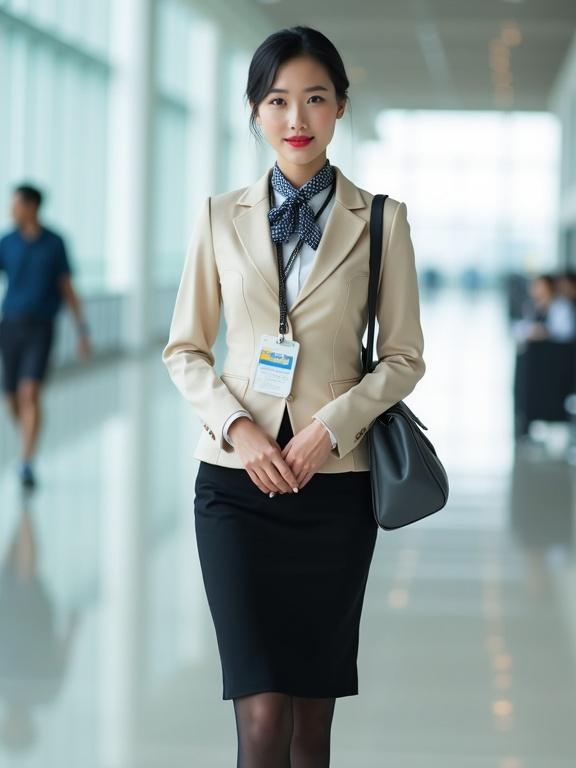 Full body image of East Asian female airport ground staff in uniform. Crisp white long-sleeve blouse and champagne-beige blazer. Black pencil skirt and pantyhose. Closed-toe low-heel pumps. Neatly styled black hair in bun. Light makeup and red lips. Silver name tag on blazer. Black lanyard with ID badge. Dark-blue gingham scarf around blouse collar. Dark-grey satchel. Standing straight in airport terminal with hands clasped.