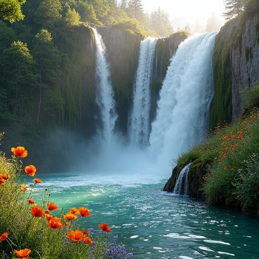 A photograph captures a waterfall descending into a turquoise pool in Swat Valley. Dappled sunlight illuminates the water cascading over emerald moss and dark grey stone creating mist. Bright orange poppies and bluebells surround the falls. The sunlight reflects off the pool and a distant snow-capped peak is visible. Soft, golden hour light creates a tranquil atmosphere.