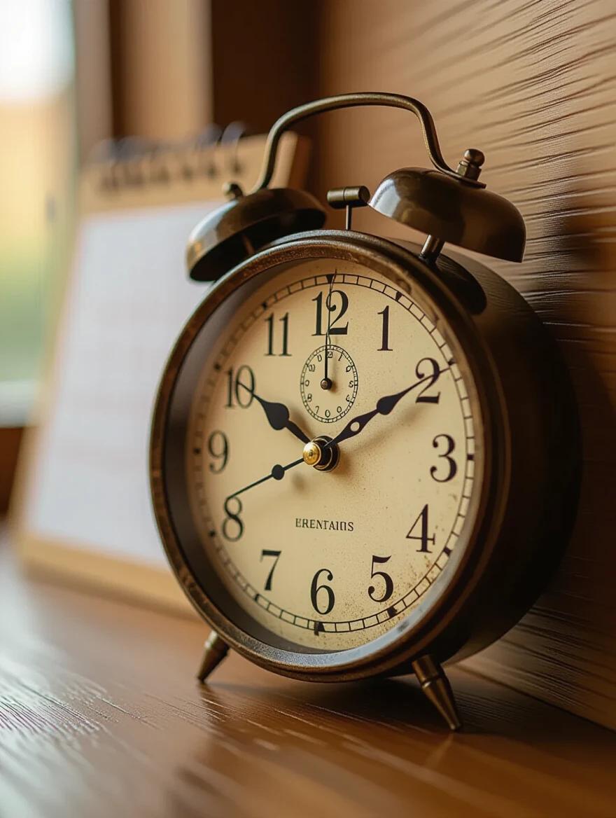 Close-up of a wall clock showing a late hour with a blurred calendar in the background. Natural indoor lighting creates a warm tone. Photorealistic macro details are highlighted. Shallow depth of field enhances the imagery.