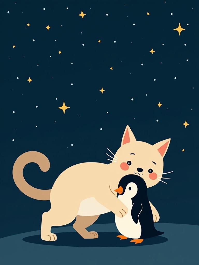 Siamese cat hugs a cute penguin. Dark blue background filled with stars. Emphasizes their cuddly relationship. Bold, playful silhouette style.