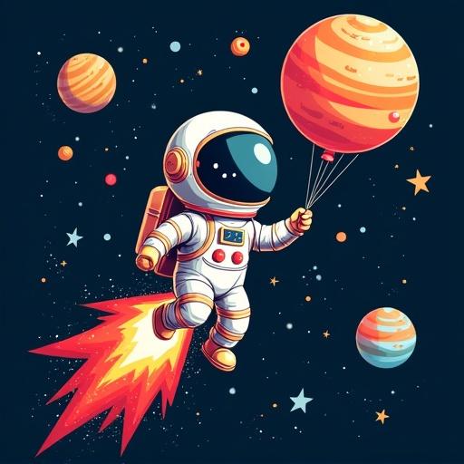 Cheerful astronaut in vibrant spacesuit soaring through space. Holding planet-like balloons. Riding a rocket trail. Surrounded by stars and colorful cosmic bodies. Dark background enhances the design.