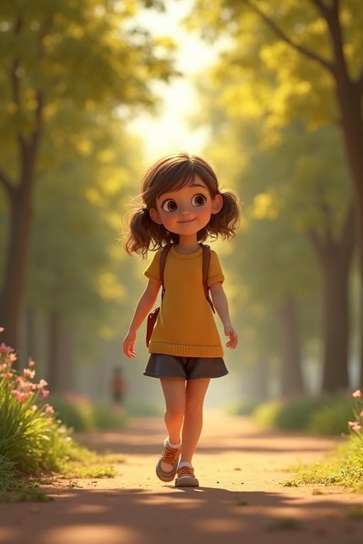 A 10 year old girl walks in a park. She is smiling and cheerful. The scene has a 3D rendering style similar to Disney and Pixar movies.