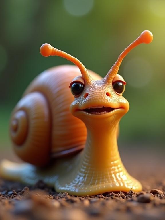 A curious snail in Pixar style with a friendly expression. The snail has large eyes and a whimsical smile. Bright colors with a blurred nature background. Focus on facial features and character personality.