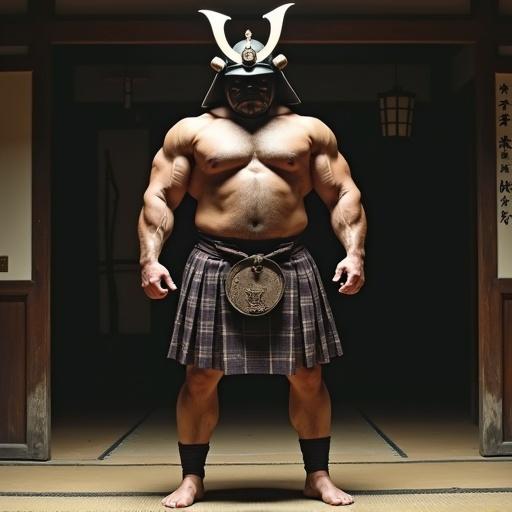 Muscular bodybuilder wears samurai helmet and kilt standing in traditional dojo. Barechested with noticeable pecs and abs. Thick muscular feet and ankles. Cinematic film still with film grain and color grading.