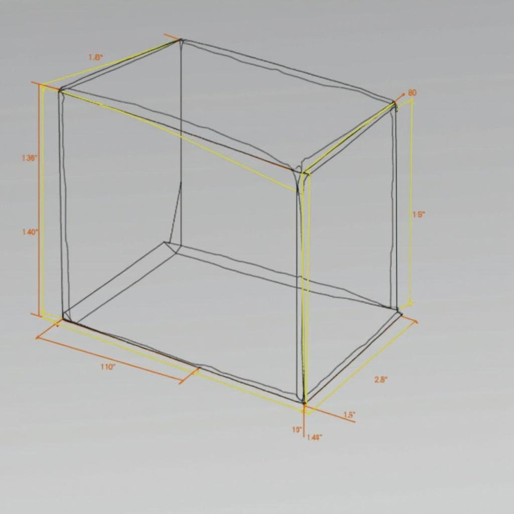 The image showcases a transparent outline of a rectangular box with dimensions indicated. The design emphasizes its length, width, and height, providing clear measurements in inches. The drawing is presented in an isometric perspective, making it easy to understand the 3D form of the box. Measurement lines and notes are highlighted in yellow against a gray background, ensuring clarity. This technical illustration is perfect for engineering or architectural purposes.