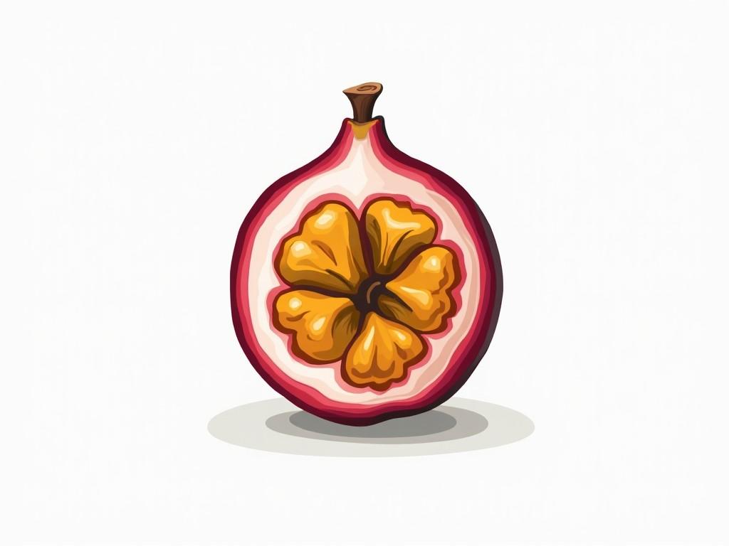 This illustration features a cross-section of a vibrant, tropical fruit. The outer layer is a deep pinkish-purple, while the juicy interior reveals golden, seed-filled segments arranged symmetrically. The bright colors and clean lines give the image a fresh and modern feel, making it both visually appealing and artistic.