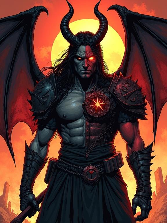 Digital art depicting a cambion warrior and his human disguise. Left side shows the infernal half-demon with wings and dark armor. Right side features the human form in tactical gear. The scene is set in a burning wasteland with red skies and ancient parchment background.