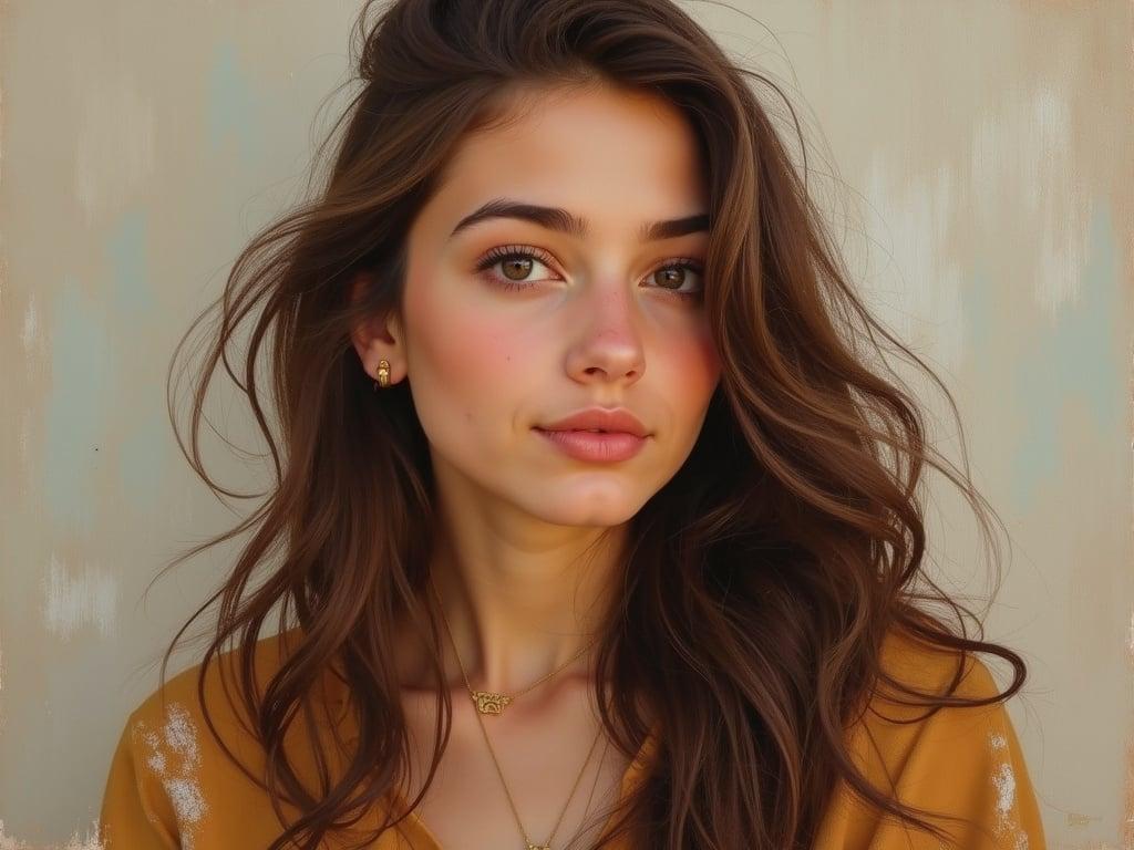 This is an oil portrait of a young woman, showcasing an academic painting style. The use of bold brush strokes brings out her features vividly, capturing the essence of her youth and vitality. She has long, flowing hair that frames her face beautifully. The color palette consists of warm tones that enhance the inviting atmosphere of the portrait. The background is softly blended, emphasizing the subject in the foreground. The attention to detail in the clothing and the texture of the hair adds depth to the artwork.