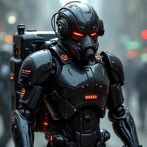 A future digital sculpture depicting a robot with a black exoskeleton suit and a backpack, illuminated by LED lights. Robot wearing a gas mask with an angry expression, holding a blade. Focus on mechanical features and detail, with particles of light creating a deep shine effect. Cinematic lighting enhancing the sci-fi atmosphere.