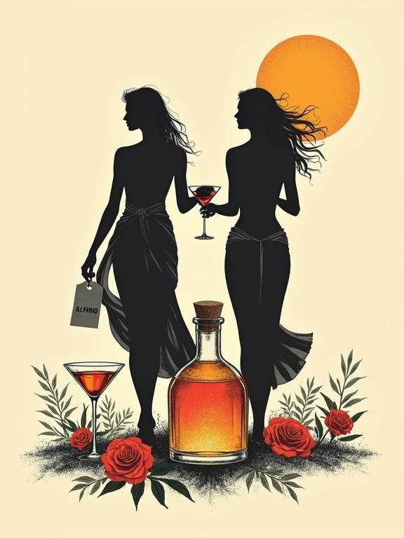 Minimalist screen print showing two silhouettes of modern goddesses in an orchard. They hold cocktail liqueur glasses at chest level. Wearing light flowing wraps around hips, walking towards the viewer. An apothecary bottle glows nearby. A cork lid is present. Elegant tag reads 'ALFRUNO'. Two identical cocktail glasses sit beside. Roses and herbs surround the bottle. Beige background creates a mysterious elegant mood. Clean bold strokes emphasize simplicity and composition.”,