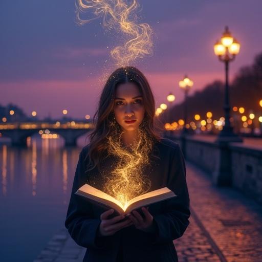 A young woman stands on a cobblestone quay. She holds an open book. The pages dissolve into golden letters. The Seine and Pont Neuf are behind her. Parisian rooftops under a violet-pink sky are visible. Charles Baudelaire's profile appears in swirling smoke above the book. The mood is whimsical with romantic comedy and literary reverence. The colors are rich indigos, violets, and warm amber from streetlamps. The lighting is soft with a cinematic feel. The composition follows the rule of thirds, with ample space for title. Typography is elegant serif at the top and thin sans-serif credits at the bottom.
