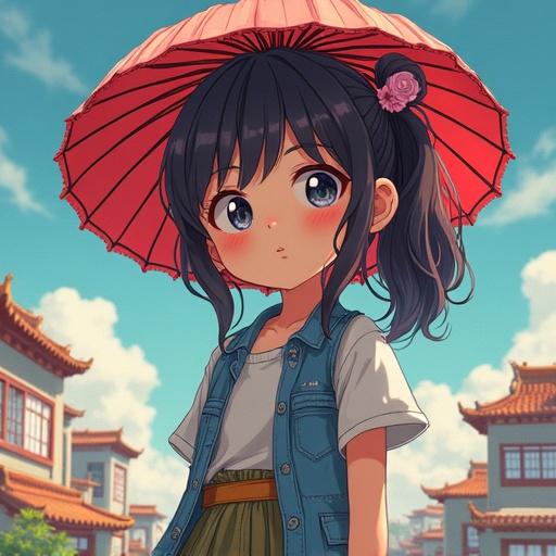 A girl stands under a pink umbrella. She wears casual clothing with a denim vest. The background shows traditional Asian buildings. The scene is bright and cheerful.