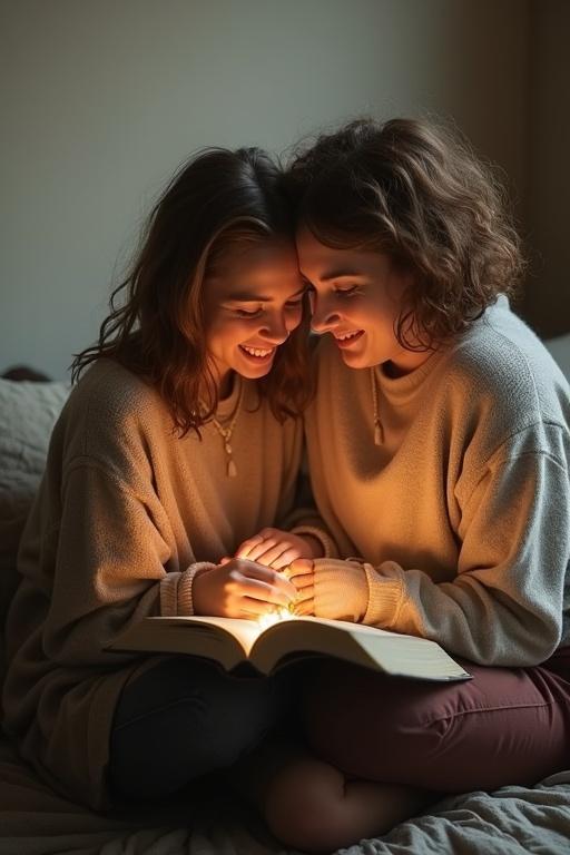 Two women reading a book together in a cozy setting. They are smiling and sharing a warm moment. Soft lighting creates a serene atmosphere.