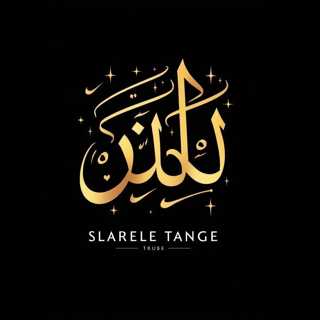 Create an Islamic calligraphy artwork. Arabic text features flowing symmetrical design. Gold tones used against black background. Include modern English text in clean font.