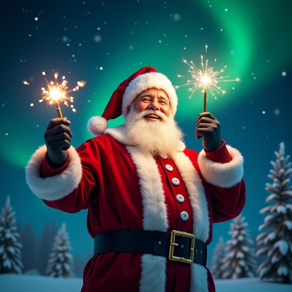 Realistic Santa Claus smiling while holding two sparklers. The atmosphere is festive with Northern Lights in the sky. Santa is dressed in traditional red and white attire.