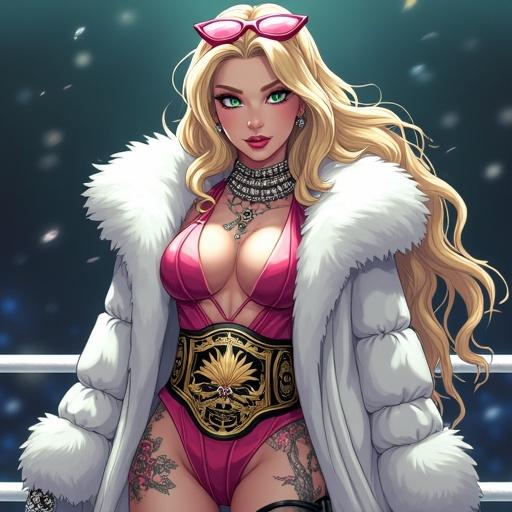Anime character with cybernetic leg in luxurious martial arts arena. 52 years old with emerald green eyes and oversized blonde hair. Wearing a sexy modern ninja kimono and fur coat. Includes light pink diamond jewelry and championship belt. Sadistic grin and traditional tattoos adorn the body.