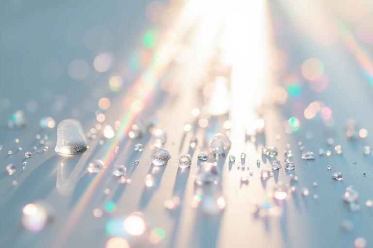 A scene with white light passing through tiny glass pieces on a light surface. The light splits into color spectrum. Surreal ambiance. White background emphasizes vibrant prismatic colors. Viewed from above.