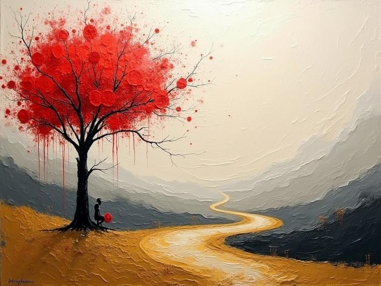 An abstract impasto-style painting with thick textured brushstrokes. A vivid red tree with bare black branches stands on the left. The foliage drips creating contrast against the creamy beige and gray background. The sky and environment feature soft tones with layered textures. A winding golden-yellow path leads through the scenery. A nude woman does yoga stretching.