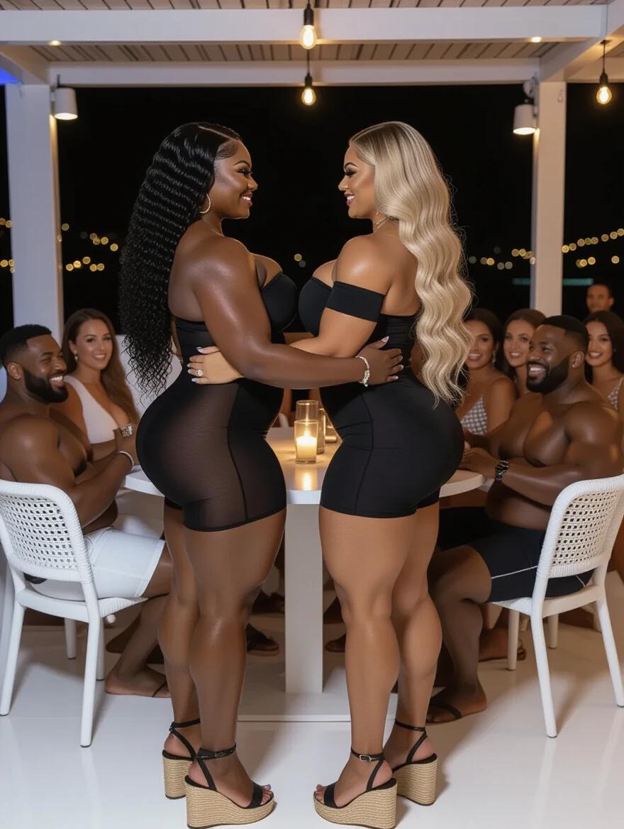 Two bodybuilder women with muscular thighs and ample backs. One African woman with curly black hair. One Scandinavian woman with wavy blonde hair. Both wear tight black bandage dresses. They embrace and look at each other. Night club setting with a group of people around them.