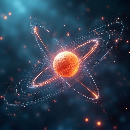 Image of an atom showing its nucleus surrounded by orbits where electrons orbit. Abstract artistic representation of atomic structure.