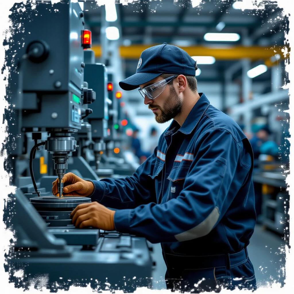 Image shows a worker in industrial environment. Worker wears dark work uniform. Focused on operating machine. Background has blurred industrial facilities suggesting a workshop or factory. Cool color tones of gray and blue create calm professional atmosphere. Worker’s motion blurred emphasizing dynamic nature of machinery operation.