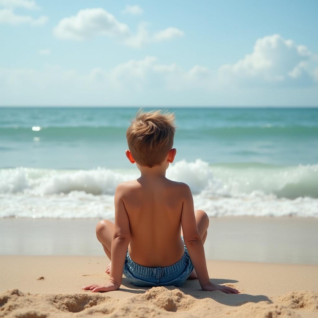A young boy sits on the sandy beach looking at the ocean. The sun shines brightly, and there are gentle waves. The boy is bare-chested, wearing blue shorts, with his back to the viewer. Fluffy clouds scatter in the sky above.