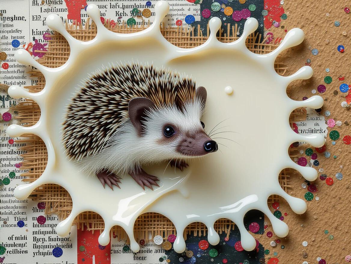 Hedgehog resting in a splash of milk texture. Mixed media artwork incorporates glossy surfaces and textured elements. Backdrop features newspaper, jute fibers, wood, sand, and glittering confetti. Close-up composition reveals intricate details and rich textures. Artwork hints at surrealism with a playful twist.