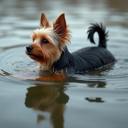 A hyper-realistic photo of an older Yorkie with a curled tail and one half floppy ear swimming in calm water. The profile of the dog is visible, showcasing its fur and expression.