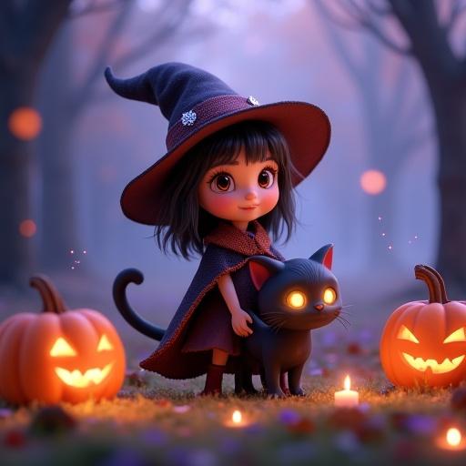 A cute Halloween witch has big sparkling eyes. She wears a whimsical pointed hat and flowing cloak. She stands next to a fluffy black cat with glowing eyes. They are surrounded by glowing pumpkins and floating candles. The scene is set in an enchanted forest at twilight with fireflies, mist, and soft purple-blue lighting. The art style is 3D semi-realistic.