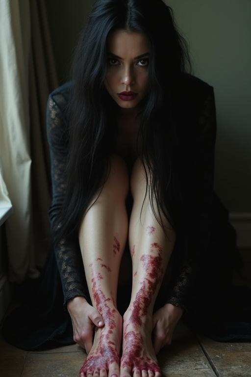 Mature goth woman has long black hair. She shows wounds on her bare feet. She sits on the floor in a dark dress. The setting is moody and introspective. The feet have red marks. The focus is on her feet and the emotional weight of the scene.