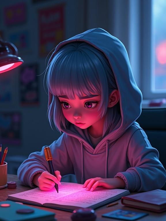 Maya sits at a desk, wearing a hoodie and focused on writing in a journal. Pink light glows from the page. Her silver hair is visible. Messy room with posters in the background.