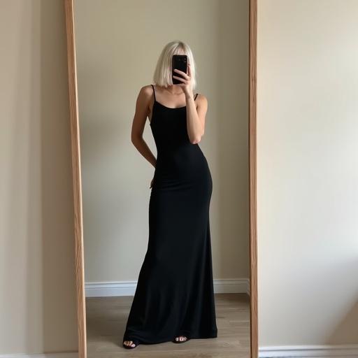 A young confident woman poses in front of a mirror. She has a fit body shape in a black maxi dress. Dress has thin straps that shape her silhouette. Her bob-cut platinum hair is above her shoulders. She uses her phone to cover her face. The wall and floor have a neutral palette.