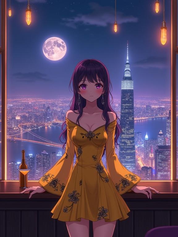 A woman stands gracefully in front of a large floor-to-ceiling window inside an upscale lounge. She has sharp violet eyes and long dark violet hair. The woman wears a shiny yellow off-shoulder gown embellished with black floral patterns. Yellow sheer sleeves add elegance. A gold cocktail is on the bar. The city skyline glows at night. A full moon casts a romantic glow. The scene has a semi-anime aesthetic with strong cinematic lighting.