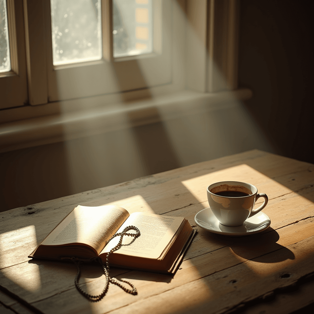 The image portrays a serene scene of a rustic wooden table bathed in sunlight streaming through a nearby window. An open book with a beaded bookmark lies invitingly on the table, emitting a sense of peaceful introspection and personal reflection. Next to the book, a cup filled with coffee or tea sits on a matching saucer, adding a comforting element to the setting. The overall ambiance suggests a quiet morning dedicated to relaxation, reading, and savoring a warm beverage.