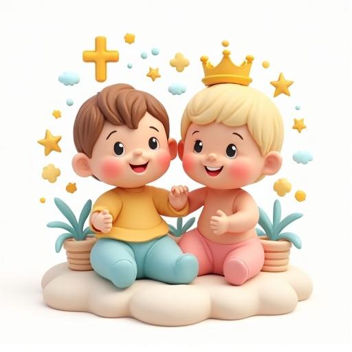 Design a 3D logo for a Christian children's toy brand named 'Huellitas del Salvador'. Include two baby footprints as the main icon decorated with children's elements like letter blocks stars small crosses or puzzle pieces. Add heavenly details like soft clouds golden halos and rays of light to reflect spirituality and tenderness. Use vibrant pastel colors. The name 'Huellitas del Salvador' should be in friendly 3D colorful playful typography located below or at the center of the design. The style should inspire confidence fun faith and love.