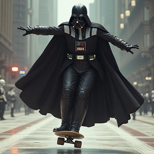 Darth Vader performs a kickflip on a skateboard above a rebel soldier on a city street. Urban environment creates an action-packed scene with iconic character.